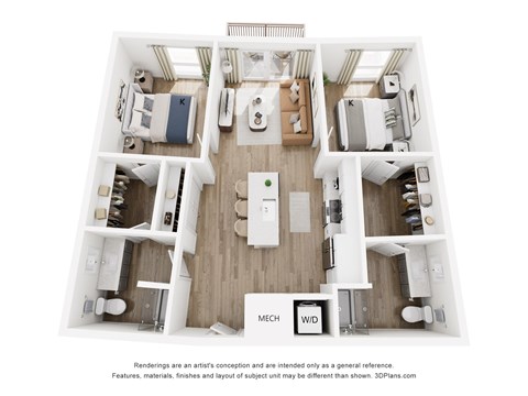 Floor plan for 2 beds, 2 baths, 973 sqft